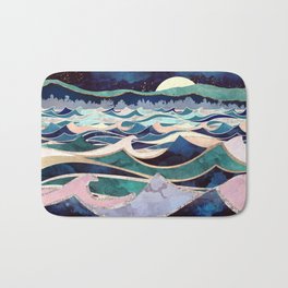 Moonlit Ocean Bath Mat | Moon, Pink, Indigo, Aqua, Curated, Watercolor, Green, Graphicdesign, Hills, Ocean 
