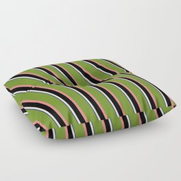 [ Thumbnail: Eyecatching Green, Light Coral, Black, Beige, and Dark Blue Colored Lined/Striped Pattern Floor Pillow ]