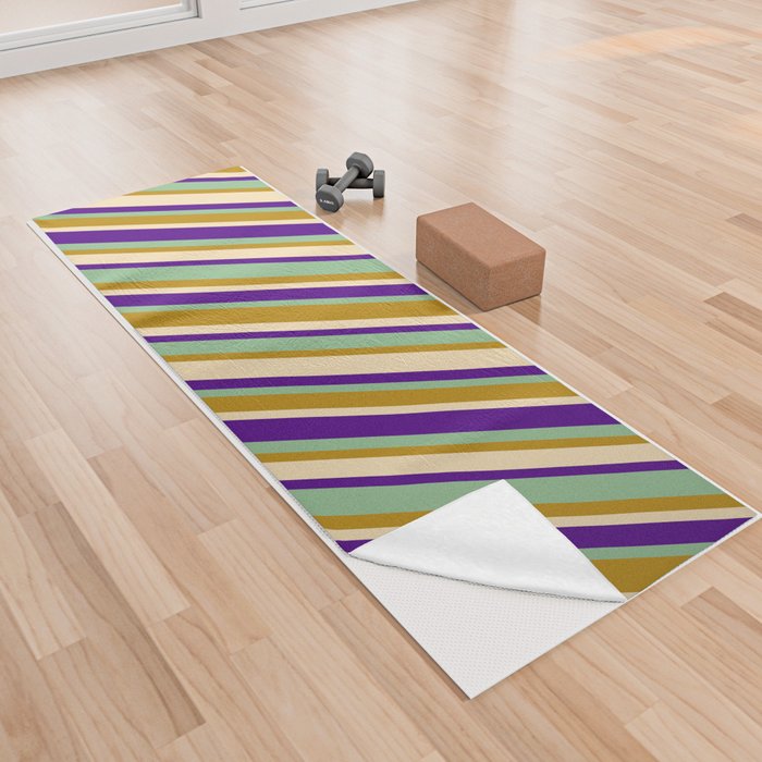 Tan, Indigo, Dark Sea Green, and Dark Goldenrod Colored Stripes/Lines Pattern Yoga Towel