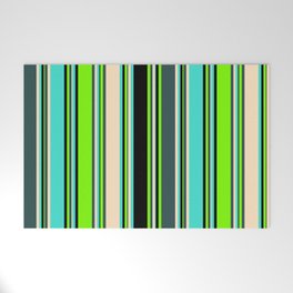 [ Thumbnail: Eyecatching Green, Dark Slate Gray, Bisque, Turquoise, and Black Colored Lined Pattern Welcome Mat ]