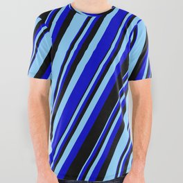 [ Thumbnail: Light Sky Blue, Blue & Black Colored Stripes/Lines Pattern All Over Graphic Tee ]