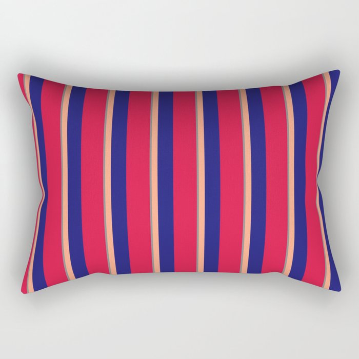 Gray, Light Salmon, Midnight Blue, and Crimson Colored Stripes Pattern Rectangular Pillow