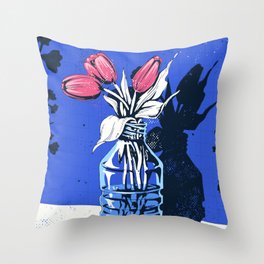 Holland Tulips Bouquet on Cobalt and Delft Blue Throw Pillow