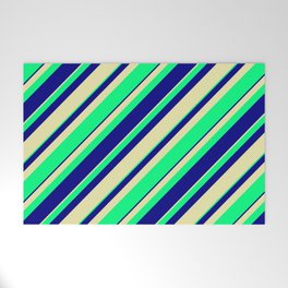 [ Thumbnail: Pale Goldenrod, Green, and Blue Colored Stripes/Lines Pattern Welcome Mat ]