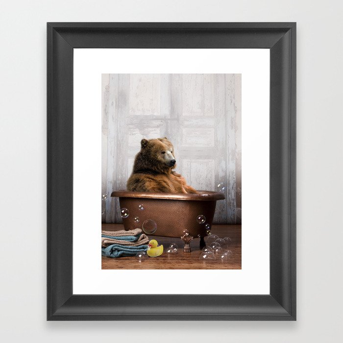 Bear with Rubber Ducky in Vintage Bathtub Framed Art Print