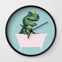 Playful T-Rex in Bathtub in Green Wall Clock