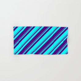 [ Thumbnail: Aqua & Indigo Colored Lined/Striped Pattern Hand & Bath Towel ]