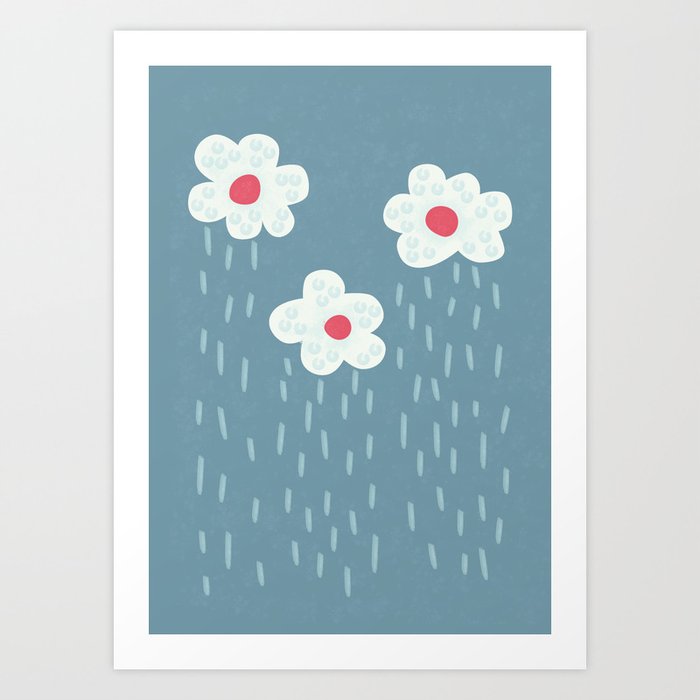 Rainy Flowery Clouds Art Print | Graphic-design, Digital, Pattern, Illustration, Concept, Nature, Pop-surrealism, Cloud, Clouds, Rain