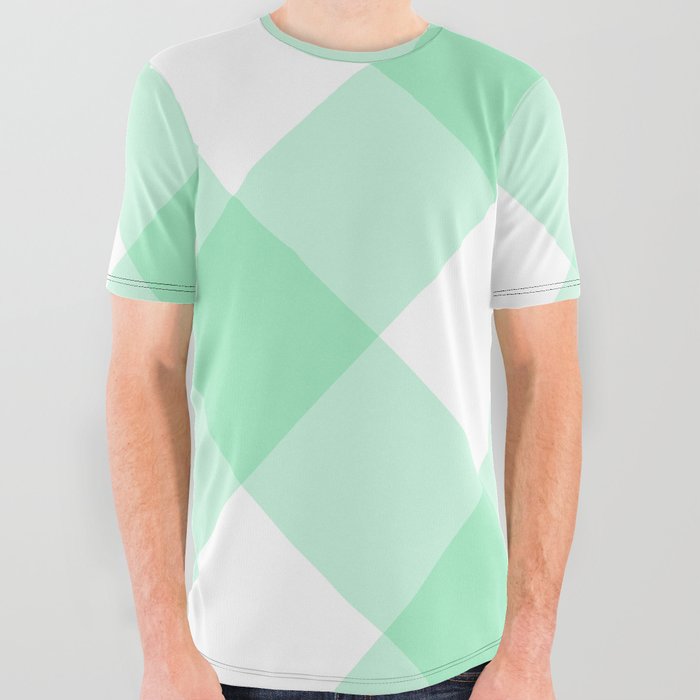 Mint Green Large Diagonal Gingham Pattern All Over Graphic Tee