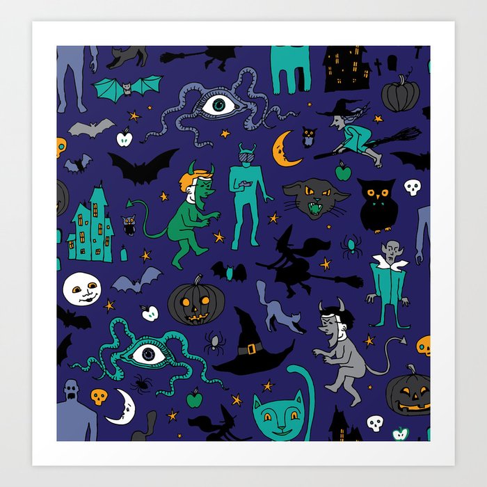 Retro Halloween - Turquoise on Midnight Blue by Cecca Art Print