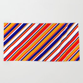 [ Thumbnail: White, Dark Blue, Orange & Red Colored Stripes/Lines Pattern Beach Towel ]