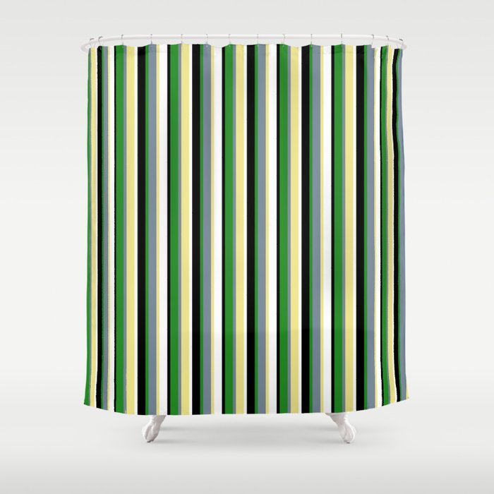 Eyecatching Tan, Light Slate Gray, Forest Green, Black, and White Colored Lined/Striped Pattern Shower Curtain