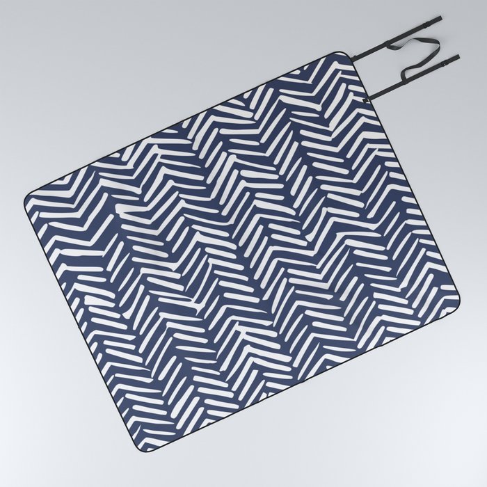Boho Herringbone Pattern, Navy Blue and White Picnic Blanket