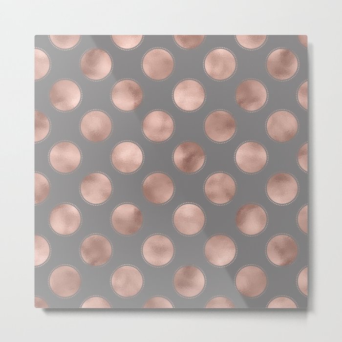 Rosegold pink metal  polkadots on grey background  - dots Metal Print
