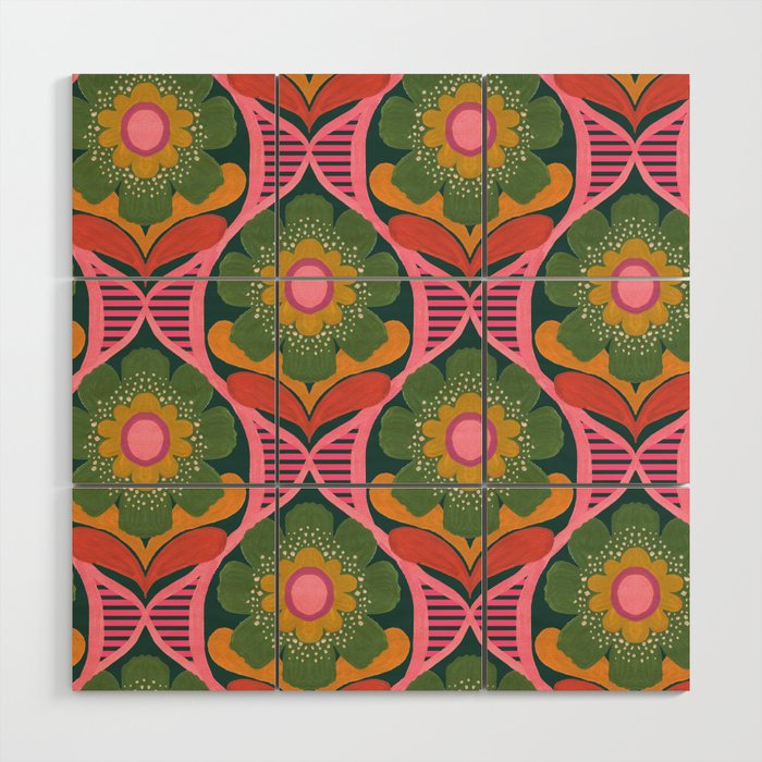 Retro Blooms_Green Pink Ivory Wood Wall Art