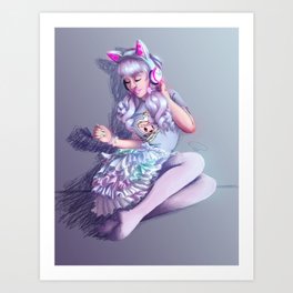 Pastel Kitten Art Print | Neon, Digital, Icarus, Frills, Cute, Music, Kitten, Illustration, Pastel, Adorable 