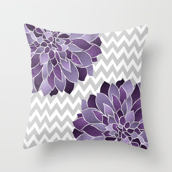 Floral Prints, Chevron, Purple and Gray Throw Pillow