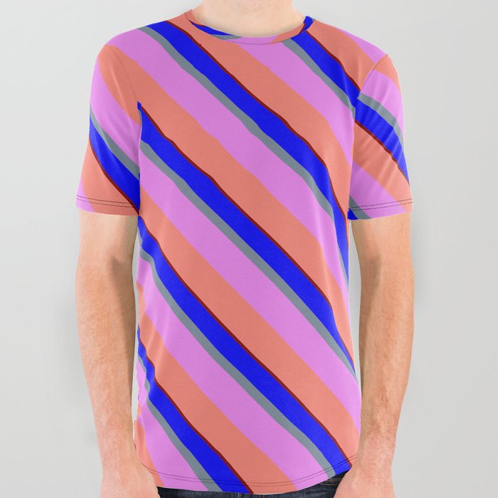 Colorful Blue, Light Slate Gray, Violet, Salmon, and Maroon Colored Lines Pattern All Over Graphic Tee