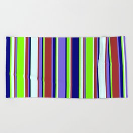 [ Thumbnail: Colorful Brown, Medium Slate Blue, Blue, Chartreuse & Light Cyan Colored Striped/Lined Pattern Beach Towel ]