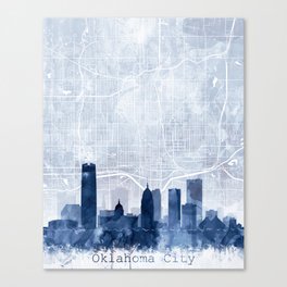 Oklahoma City Skyline & Map Watercolor Navy Blue Print by Zouzounio Art Canvas Print