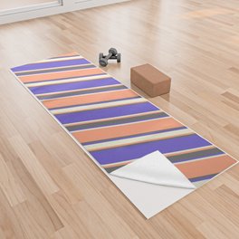 [ Thumbnail: Light Salmon, Dim Grey, Slate Blue, and Beige Colored Lined/Striped Pattern Yoga Towel ]
