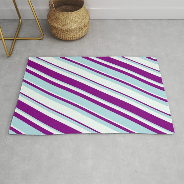 Purple, Powder Blue, and Mint Cream Colored Lined/Striped Pattern Rug