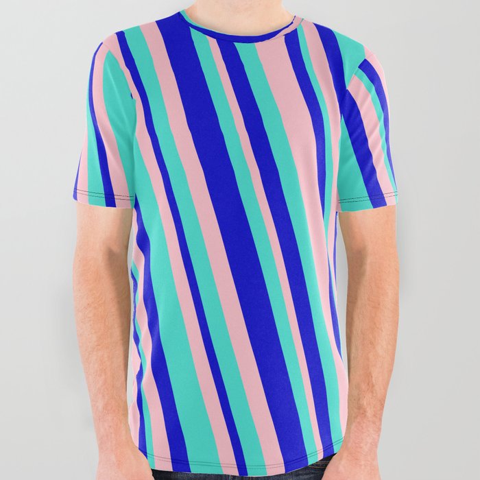 Turquoise, Blue, and Pink Colored Lined/Striped Pattern All Over Graphic Tee