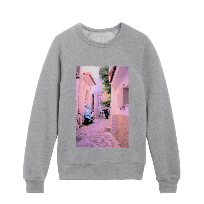 The blue scooter in the alley Kids Crewneck