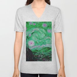 The Starry Night - La Nuit étoilée oil-on-canvas post-impressionist landscape masterpiece painting in alternate green and purple by Vincent van Gogh V Neck T Shirt