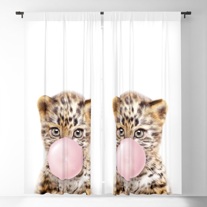Baby Leopard Blowing Bubble Gum, Pink Nursery, Baby Animals Art Print by Synplus Blackout Curtain