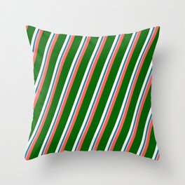 [ Thumbnail: Vibrant Red, Dark Green, White, Teal & Plum Colored Striped Pattern Throw Pillow ]