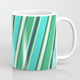[ Thumbnail: Sea Green, Light Yellow, Turquoise, and Dark Slate Gray Colored Striped Pattern Coffee Mug ]