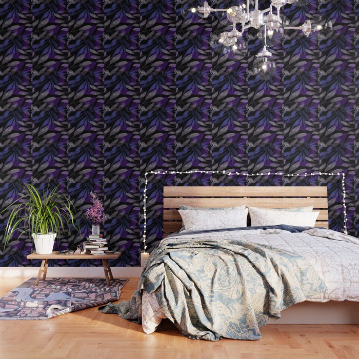 Night in the Garden - periwinkle, gray, blue, purple, watercolor plants, leaves, digital painting Wallpaper