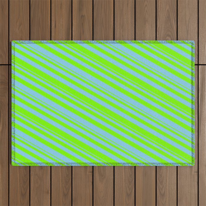 Green & Sky Blue Colored Striped Pattern Outdoor Rug