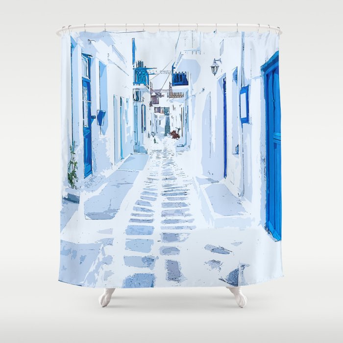 MyKonos Greece Watercolor Digital Painting Shower Curtain