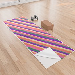 [ Thumbnail: Eyecatching Coral, Hot Pink, Sea Green, Dark Violet, and Tan Colored Pattern of Stripes Yoga Towel ]