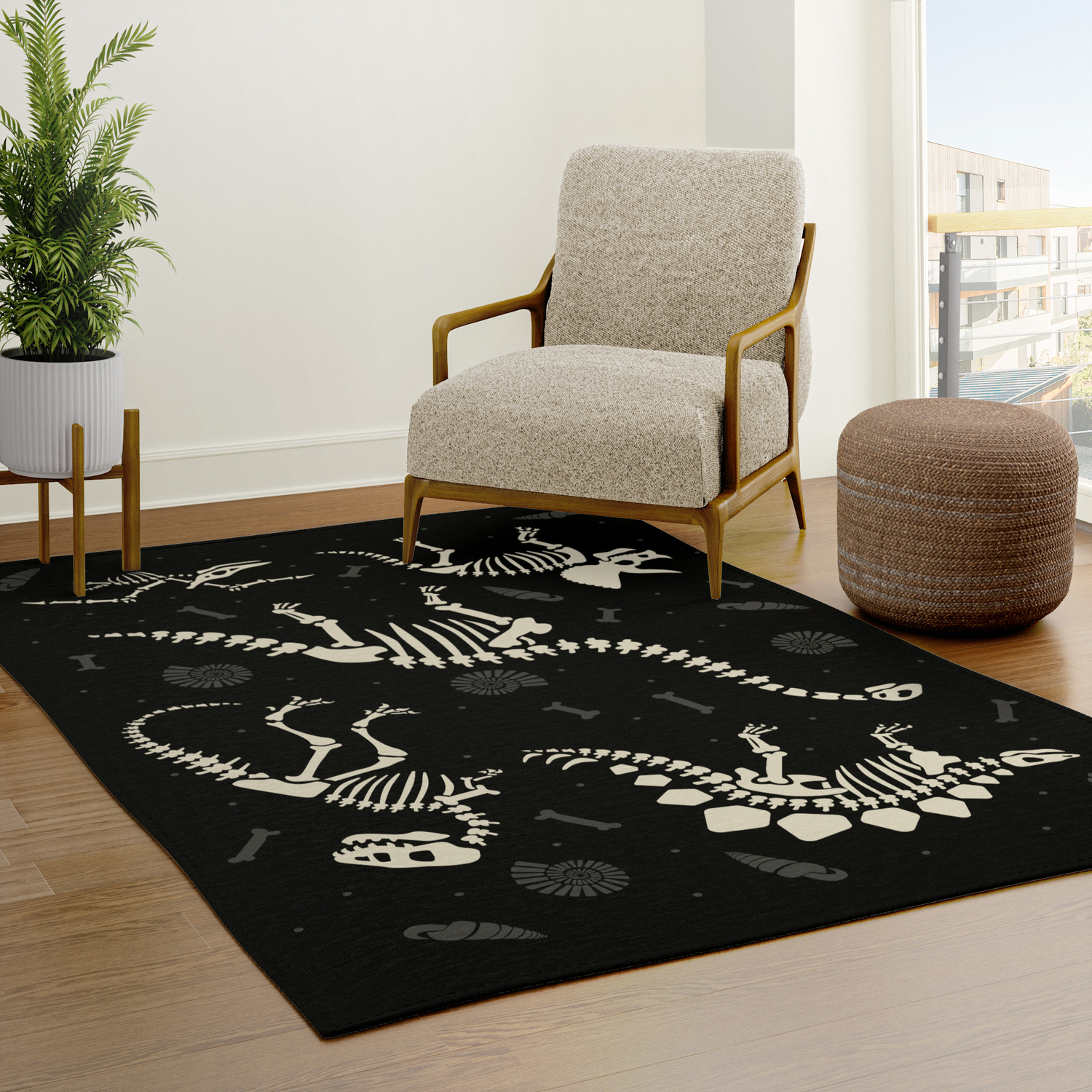 Black Rectangle Flannel Area Rugs Dining Room Floor Rug Dinosaur Fossils Carpet