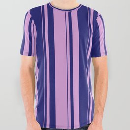 [ Thumbnail: Midnight Blue and Plum Colored Striped/Lined Pattern All Over Graphic Tee ]