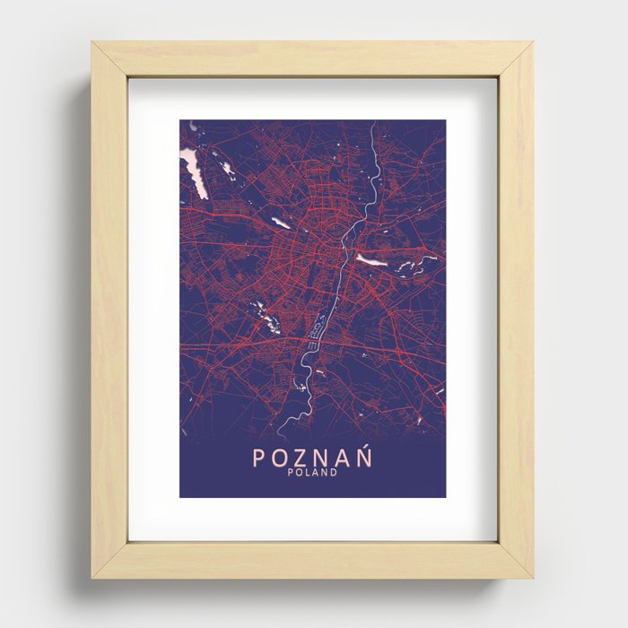 Poznań, Poland, Blue, White, City, Map Recessed Framed Print