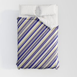 [ Thumbnail: Vibrant Dark Slate Blue, Dark Gray, Dark Blue, White, and Pale Goldenrod Colored Striped Pattern Comforter ]