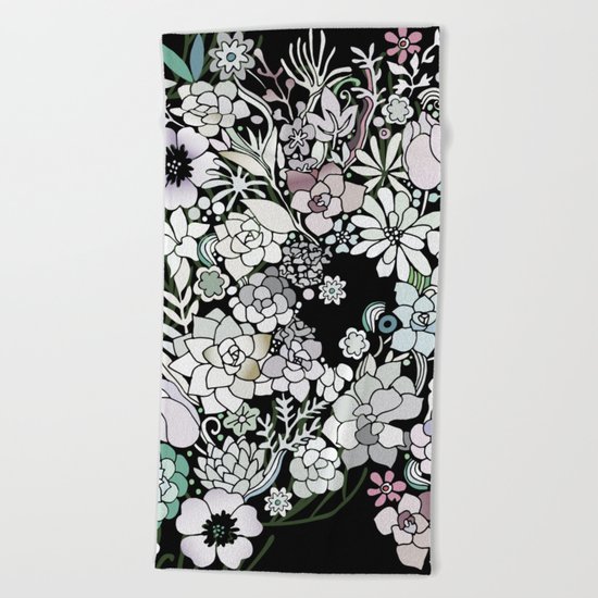 Colorful black detailed floral pattern Beach Towel