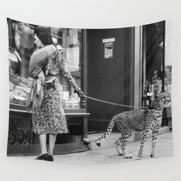 Woman with Cheetah, Phyllis Gordon, with her pet Kenyan cheetah, Paris, France black and white photo Wall Tapestry
