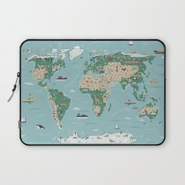 Illustrated World Map with animals, continents and architecture Laptop Sleeve