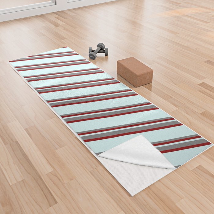 Grey, Dark Red & Light Cyan Colored Stripes/Lines Pattern Yoga Towel