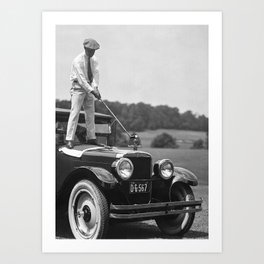 Golfer Teeing Off Car, Black and White Vintage Golf Art Art Print