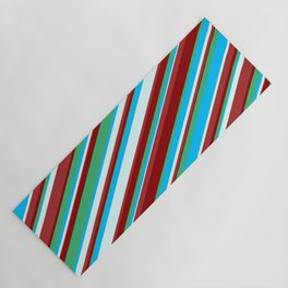 [ Thumbnail: Eyecatching Dark Red, Sea Green, Deep Sky Blue, Light Cyan & Brown Colored Lines/Stripes Pattern Yoga Mat ]