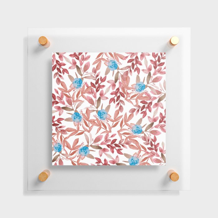 Botanical Coral Pink Blue Watercolor Foliage Flowers Floating Acrylic Print