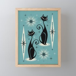 Mid Century Meow Retro Atomic Cats on Blue Framed Mini Art Print