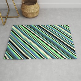 [ Thumbnail: Colorful Green, Blue, Dark Slate Gray, Light Yellow, and Black Colored Stripes/Lines Pattern Rug ]