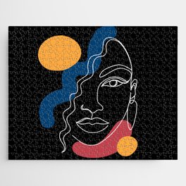 African woman in a line art style with abstract shapes on a black background. Jigsaw Puzzle